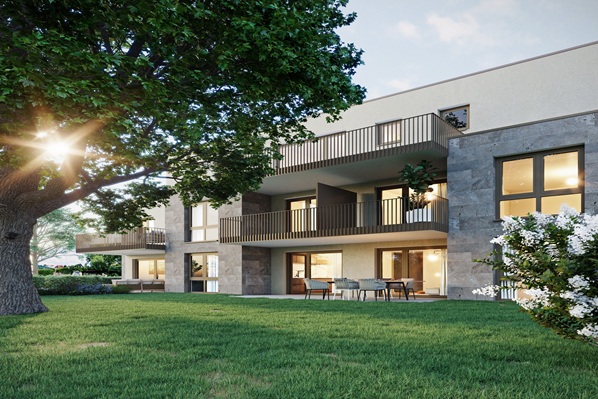 Geplante Neubauprojekte zeigt Wohnhaus mit mehreren Wohnparteien und Garten in Wiesloch.